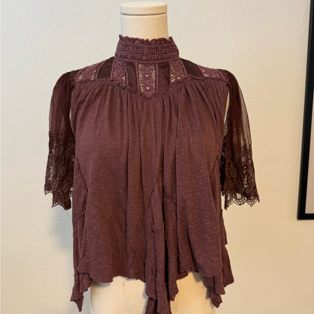 Free People Lace Trimmed Burgundy Blouse